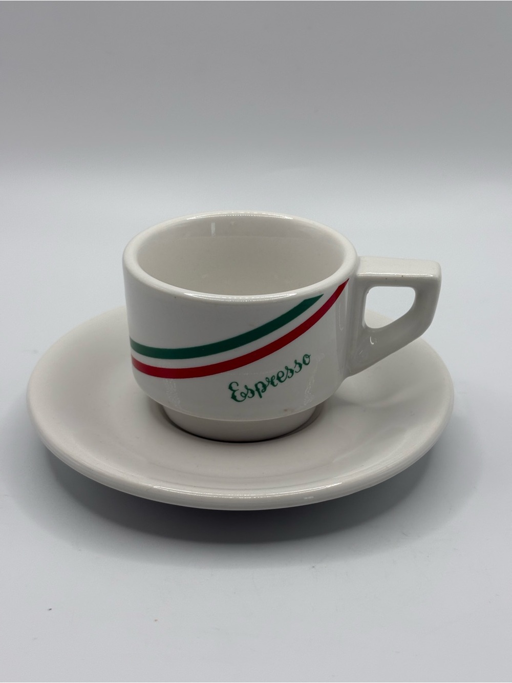 VTG Italian ACF Espresso Cup & Saucer Set White W/ Red Green Stripes 2 Ozs